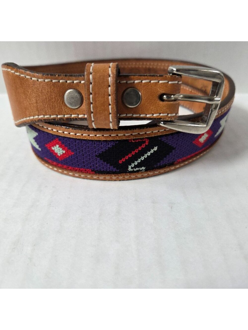 Circle Y Belt Womens 28 Brown Leather Purple Aztec Fabric Cabochon Western